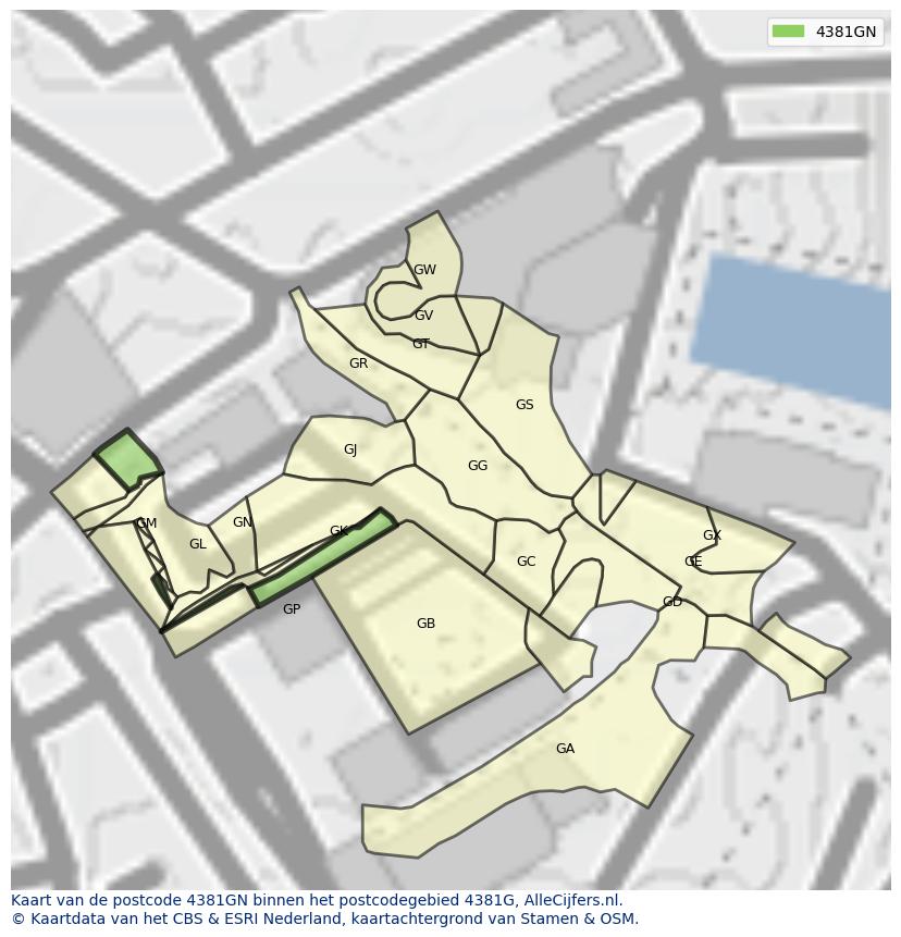 Afbeelding van het postcodegebied 4381 GN op de kaart.