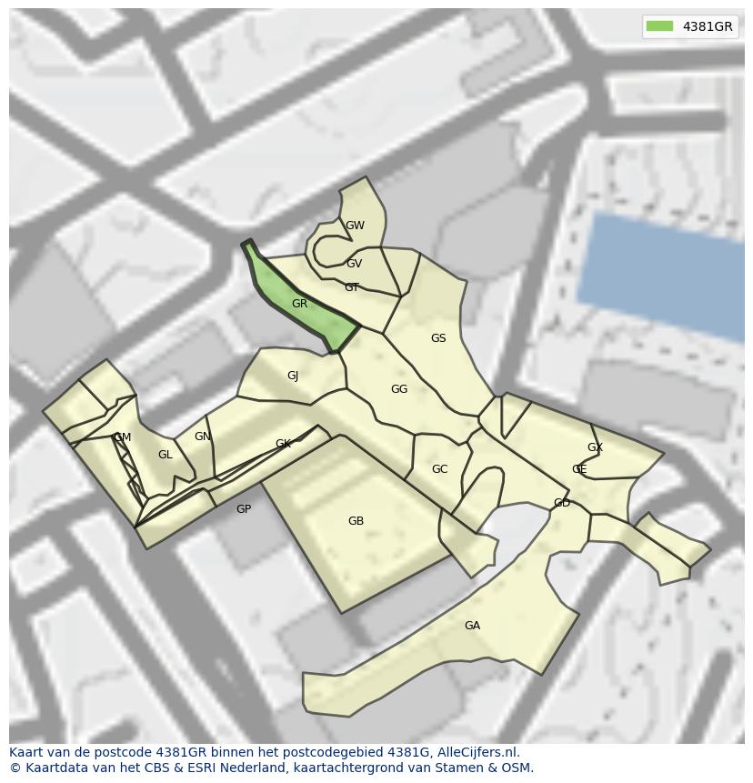 Afbeelding van het postcodegebied 4381 GR op de kaart.