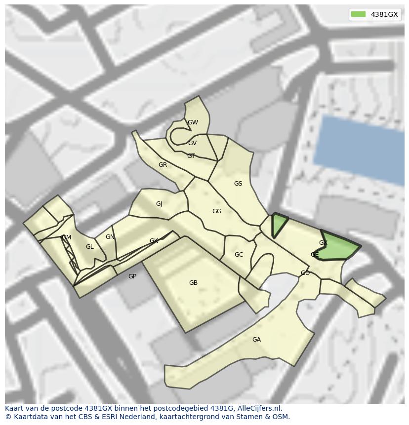 Afbeelding van het postcodegebied 4381 GX op de kaart.