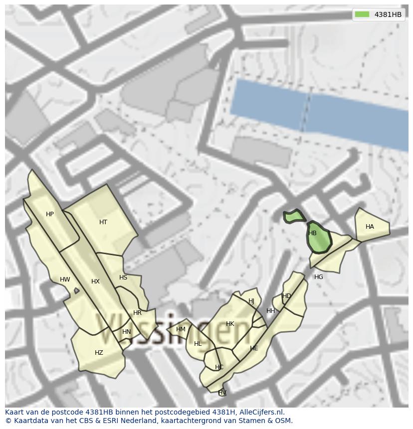 Afbeelding van het postcodegebied 4381 HB op de kaart.