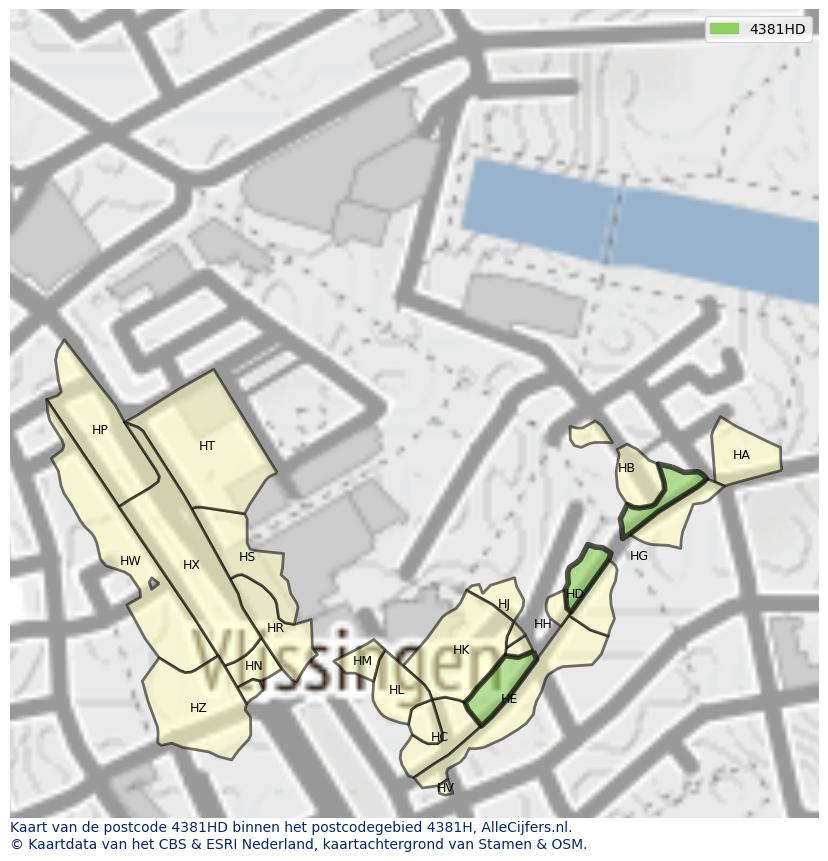 Afbeelding van het postcodegebied 4381 HD op de kaart.