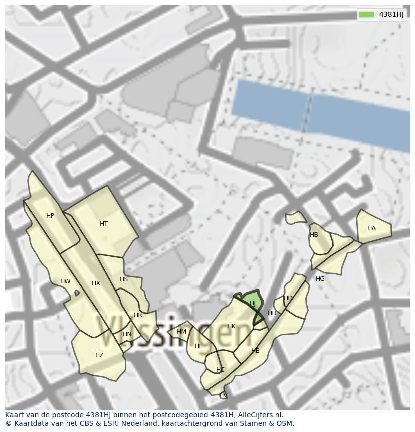 Afbeelding van het postcodegebied 4381 HJ op de kaart.