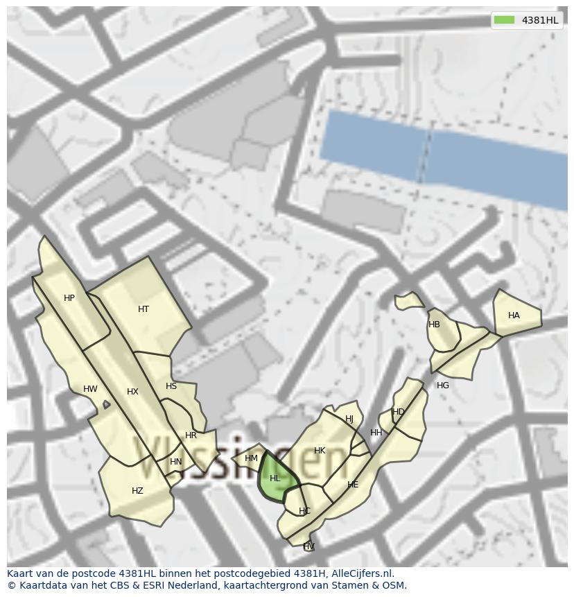 Afbeelding van het postcodegebied 4381 HL op de kaart.