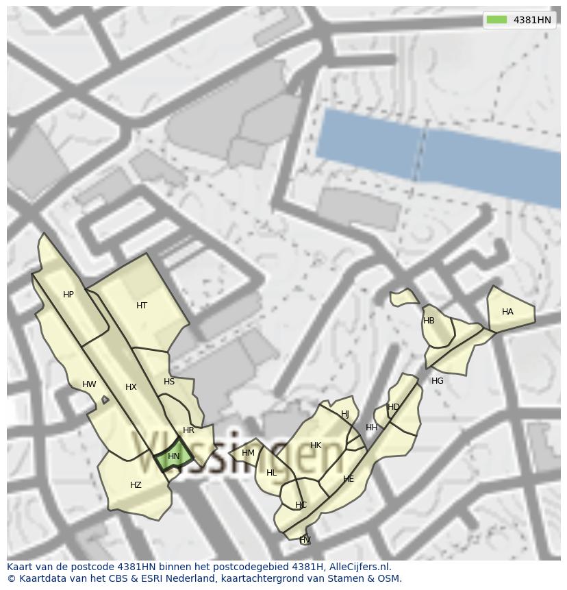 Afbeelding van het postcodegebied 4381 HN op de kaart.