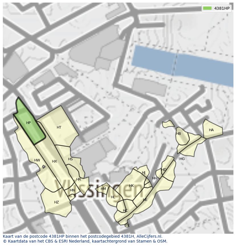 Afbeelding van het postcodegebied 4381 HP op de kaart.