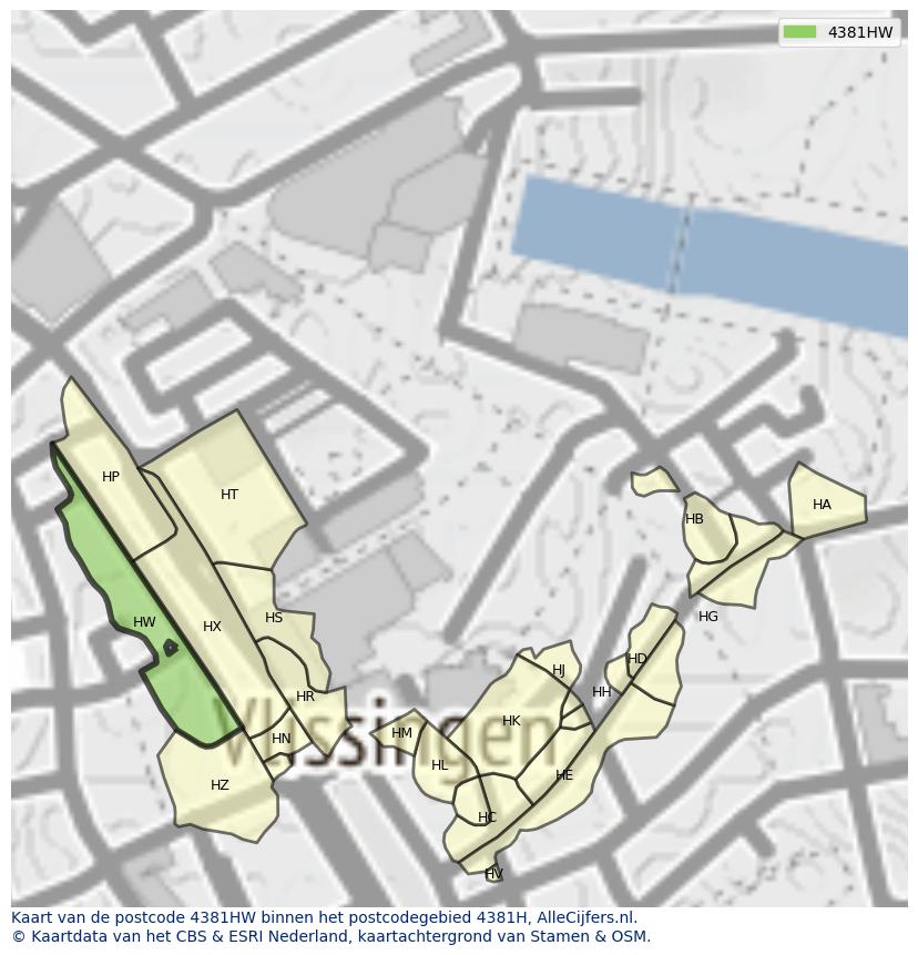 Afbeelding van het postcodegebied 4381 HW op de kaart.