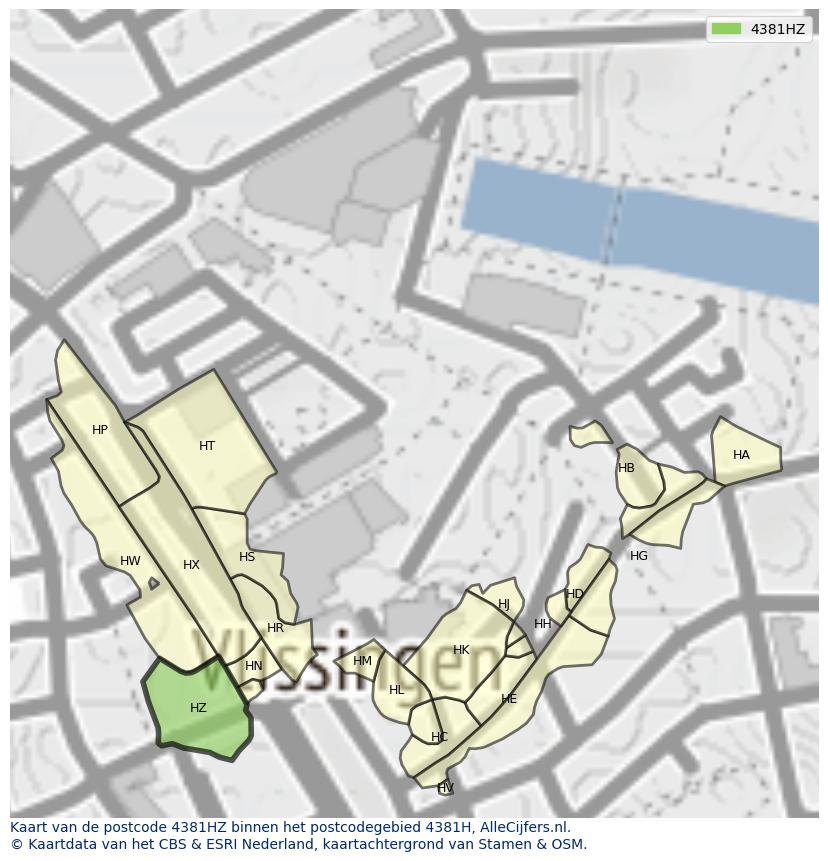 Afbeelding van het postcodegebied 4381 HZ op de kaart.