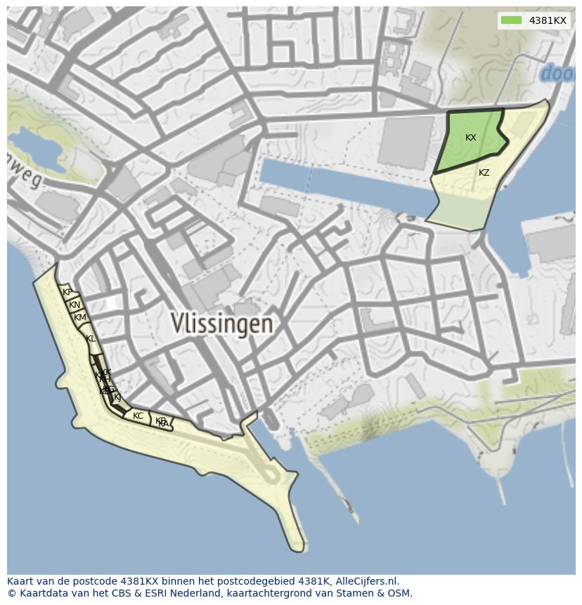 Afbeelding van het postcodegebied 4381 KX op de kaart.