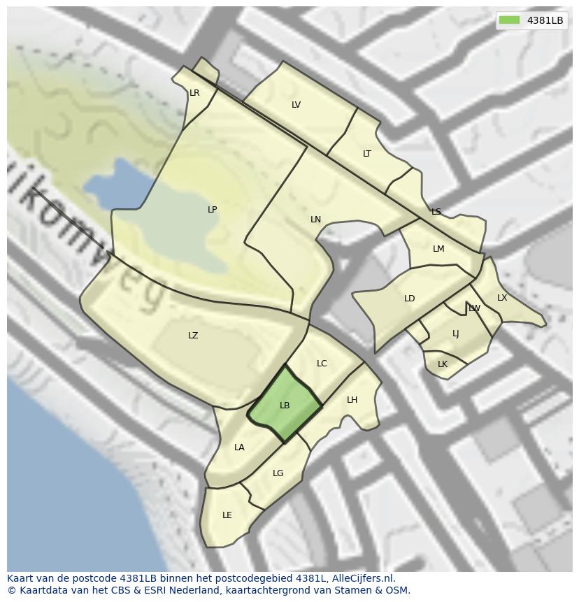 Afbeelding van het postcodegebied 4381 LB op de kaart.