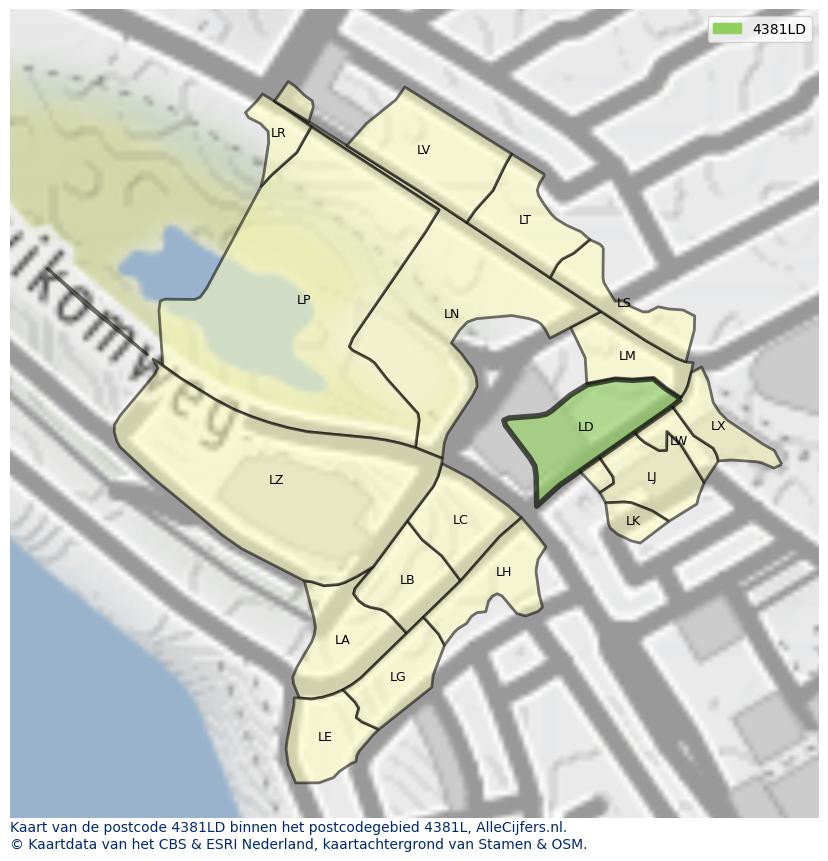 Afbeelding van het postcodegebied 4381 LD op de kaart.