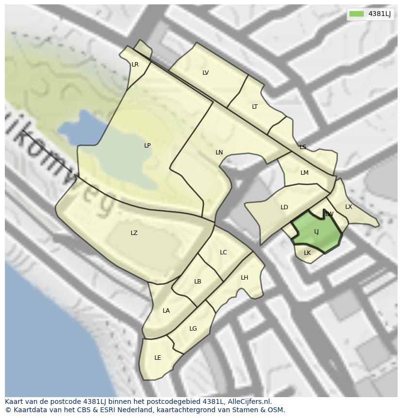 Afbeelding van het postcodegebied 4381 LJ op de kaart.