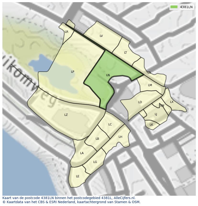 Afbeelding van het postcodegebied 4381 LN op de kaart.