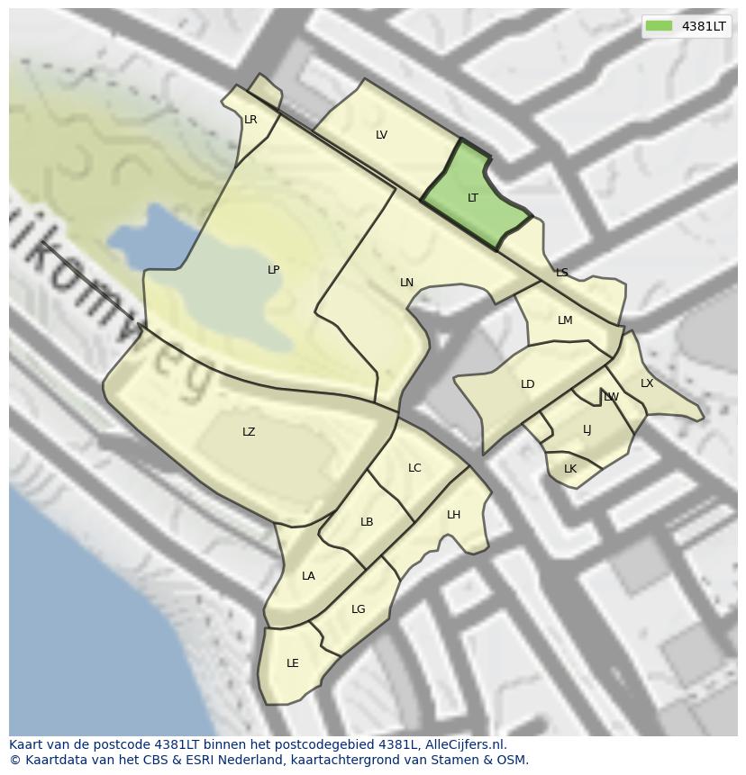 Afbeelding van het postcodegebied 4381 LT op de kaart.