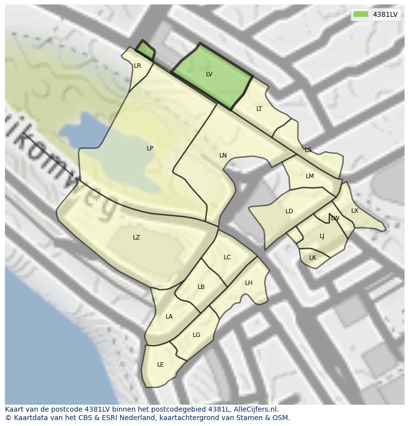 Afbeelding van het postcodegebied 4381 LV op de kaart.