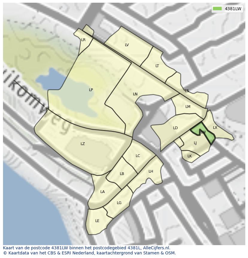 Afbeelding van het postcodegebied 4381 LW op de kaart.