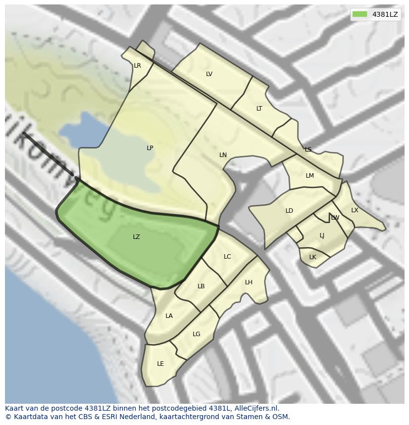 Afbeelding van het postcodegebied 4381 LZ op de kaart.