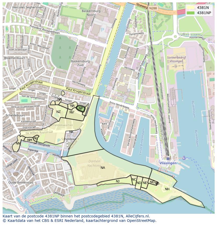 Afbeelding van het postcodegebied 4381 NP op de kaart.