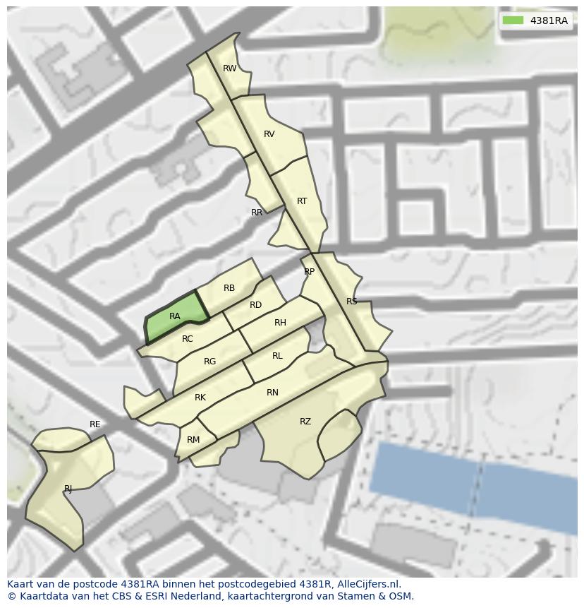 Afbeelding van het postcodegebied 4381 RA op de kaart.