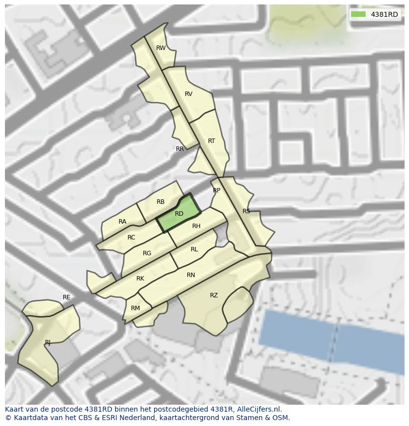 Afbeelding van het postcodegebied 4381 RD op de kaart.