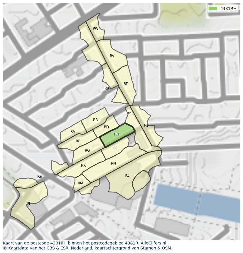 Afbeelding van het postcodegebied 4381 RH op de kaart.