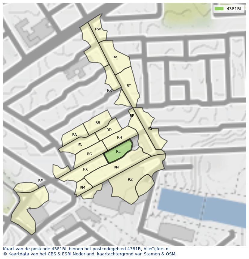 Afbeelding van het postcodegebied 4381 RL op de kaart.