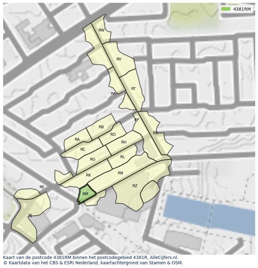 Afbeelding van het postcodegebied 4381 RM op de kaart.