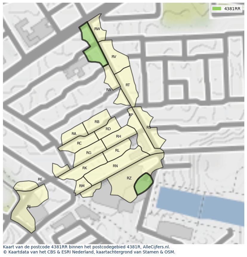 Afbeelding van het postcodegebied 4381 RR op de kaart.