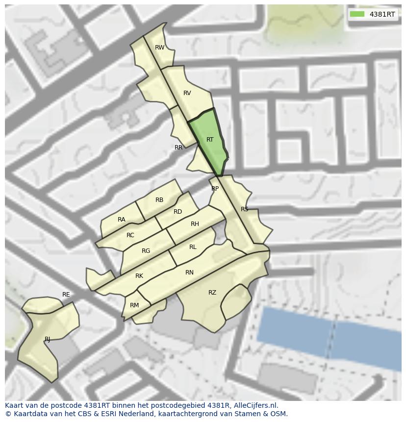 Afbeelding van het postcodegebied 4381 RT op de kaart.