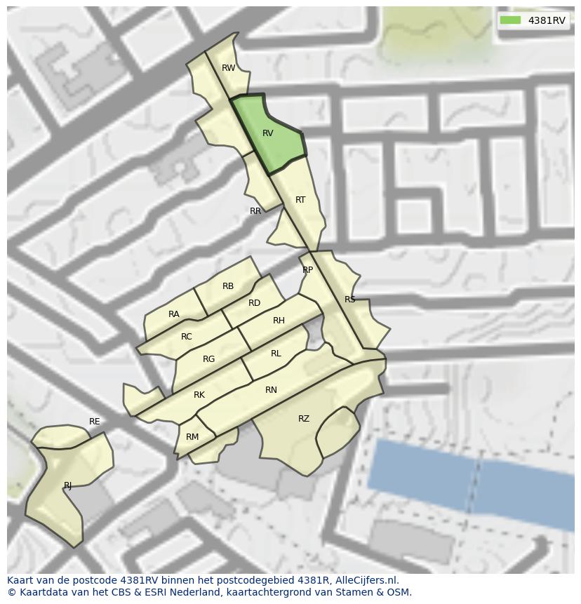 Afbeelding van het postcodegebied 4381 RV op de kaart.