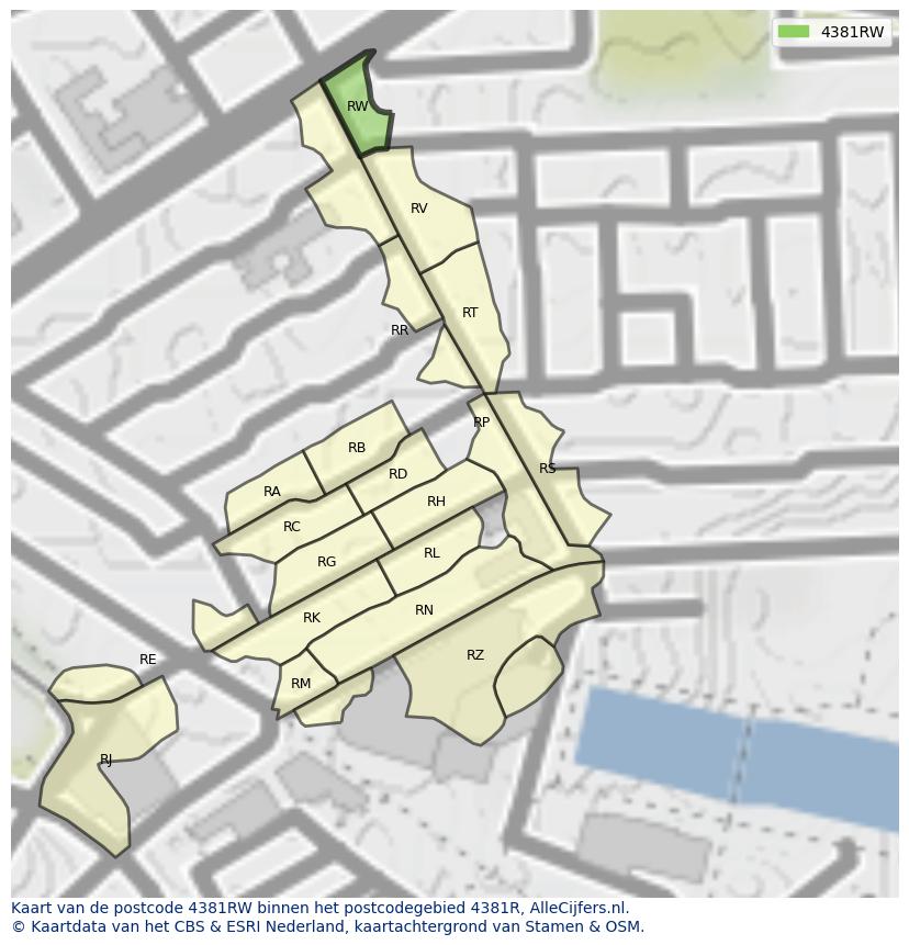 Afbeelding van het postcodegebied 4381 RW op de kaart.