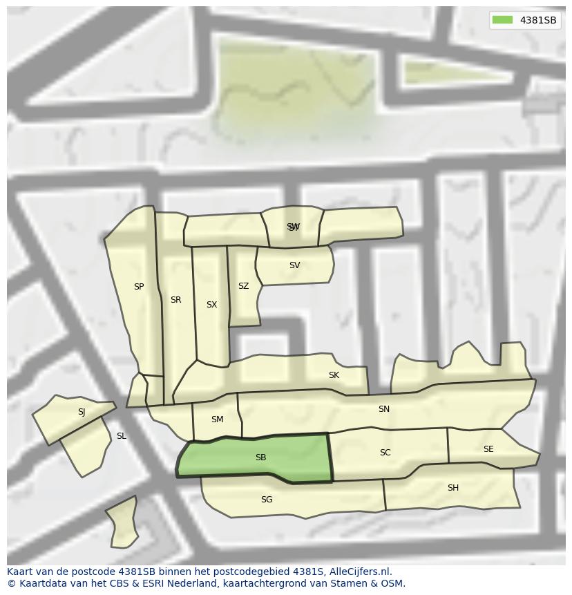 Afbeelding van het postcodegebied 4381 SB op de kaart.