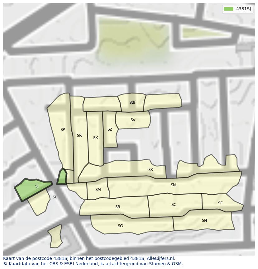 Afbeelding van het postcodegebied 4381 SJ op de kaart.