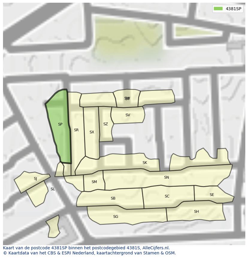 Afbeelding van het postcodegebied 4381 SP op de kaart.
