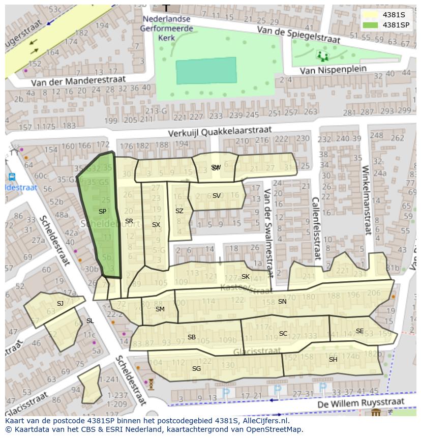 Afbeelding van het postcodegebied 4381 SP op de kaart.