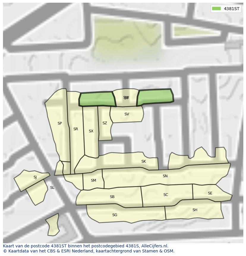 Afbeelding van het postcodegebied 4381 ST op de kaart.