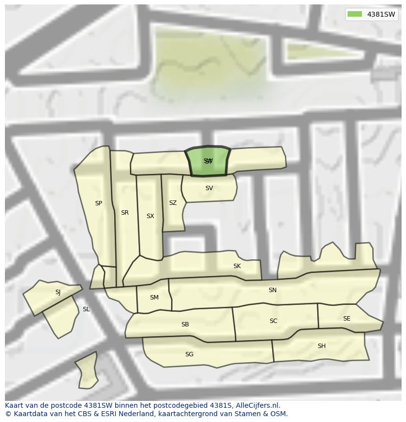 Afbeelding van het postcodegebied 4381 SW op de kaart.