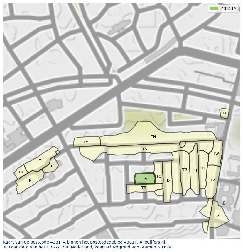 Afbeelding van het postcodegebied 4381 TA op de kaart.