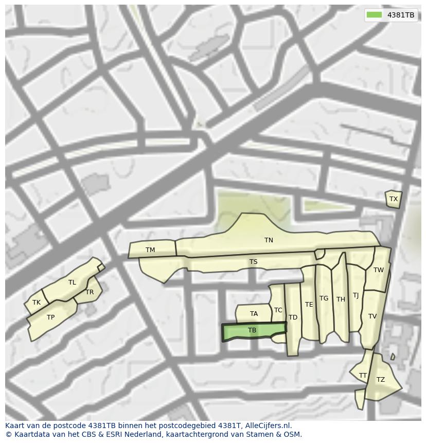 Afbeelding van het postcodegebied 4381 TB op de kaart.