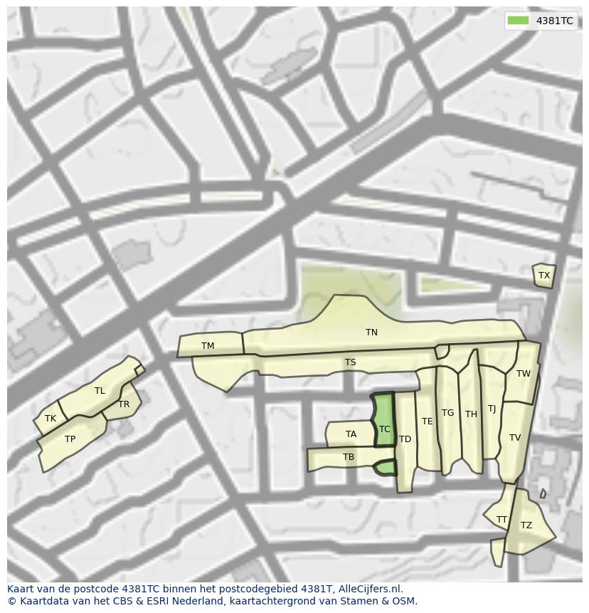 Afbeelding van het postcodegebied 4381 TC op de kaart.