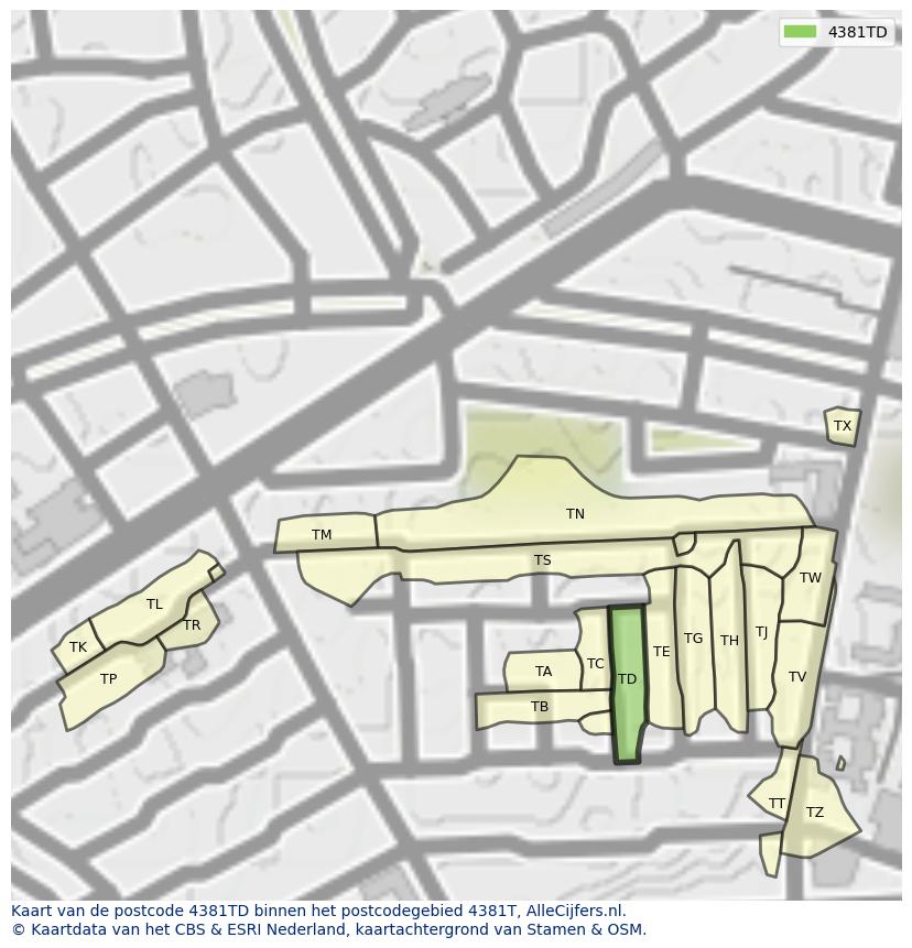 Afbeelding van het postcodegebied 4381 TD op de kaart.