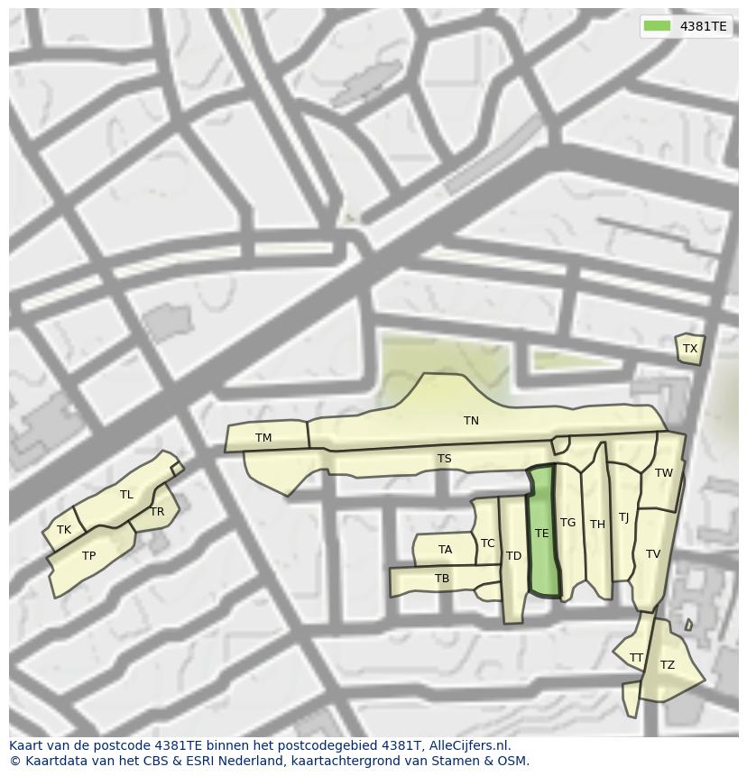 Afbeelding van het postcodegebied 4381 TE op de kaart.
