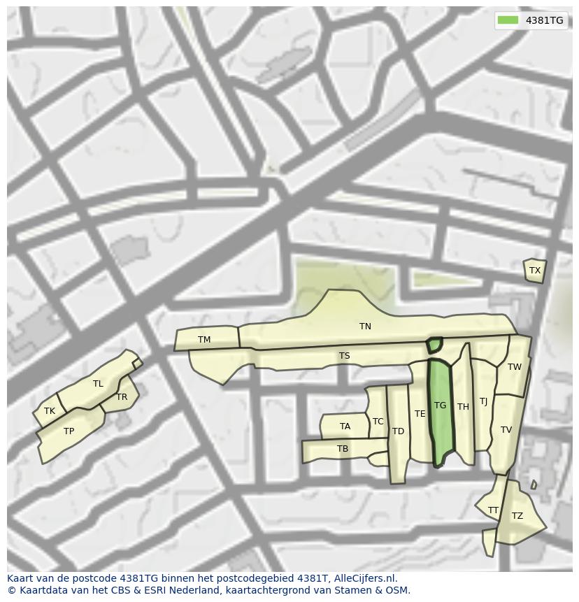 Afbeelding van het postcodegebied 4381 TG op de kaart.