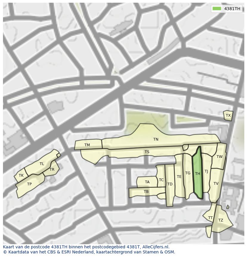 Afbeelding van het postcodegebied 4381 TH op de kaart.