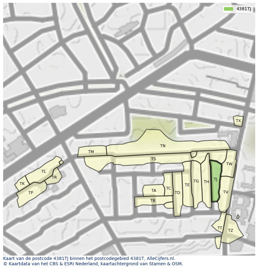Afbeelding van het postcodegebied 4381 TJ op de kaart.