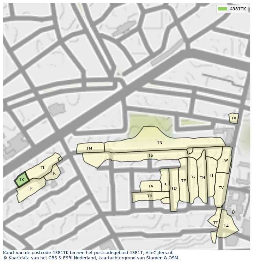 Afbeelding van het postcodegebied 4381 TK op de kaart.