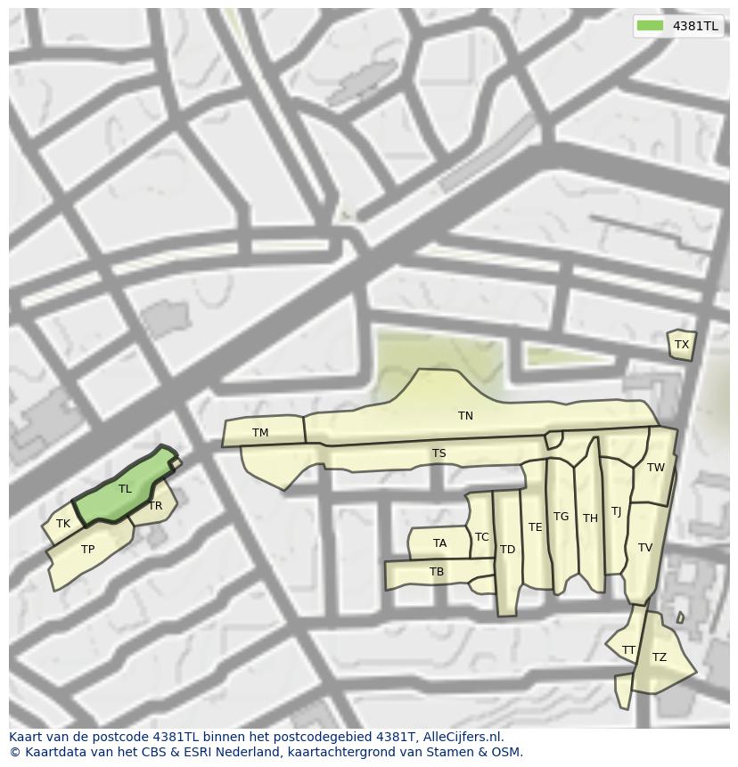 Afbeelding van het postcodegebied 4381 TL op de kaart.