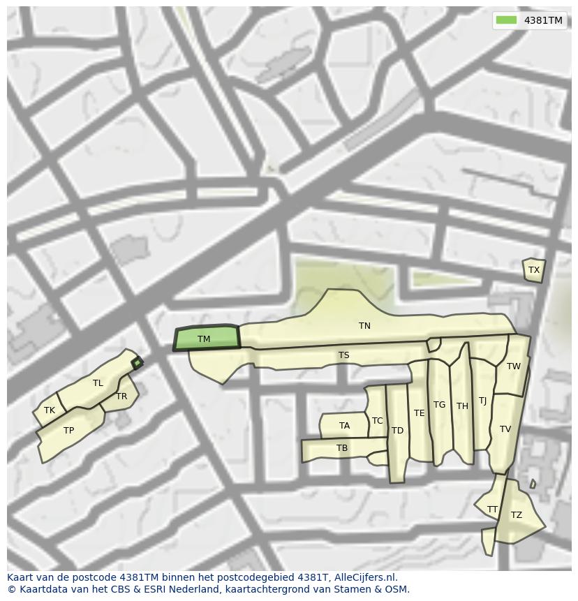 Afbeelding van het postcodegebied 4381 TM op de kaart.