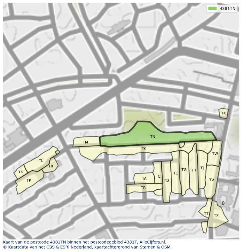 Afbeelding van het postcodegebied 4381 TN op de kaart.