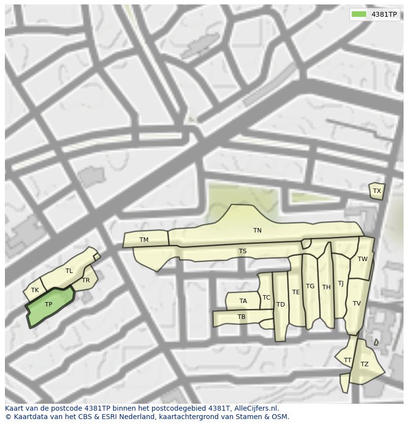 Afbeelding van het postcodegebied 4381 TP op de kaart.