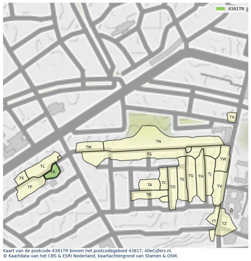 Afbeelding van het postcodegebied 4381 TR op de kaart.